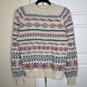 Vintage Orvis Fair Isle Sweater Women's Medium Ivory Pink Blue Paisley Tribal